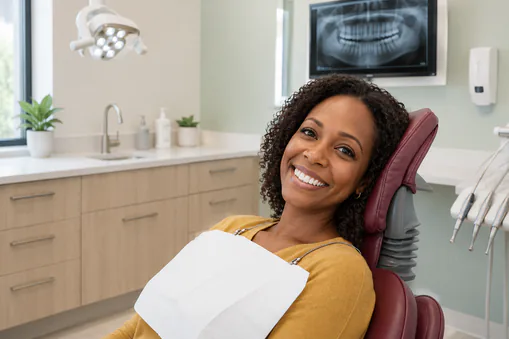 Woman smiling in dental chair during dental appointment
